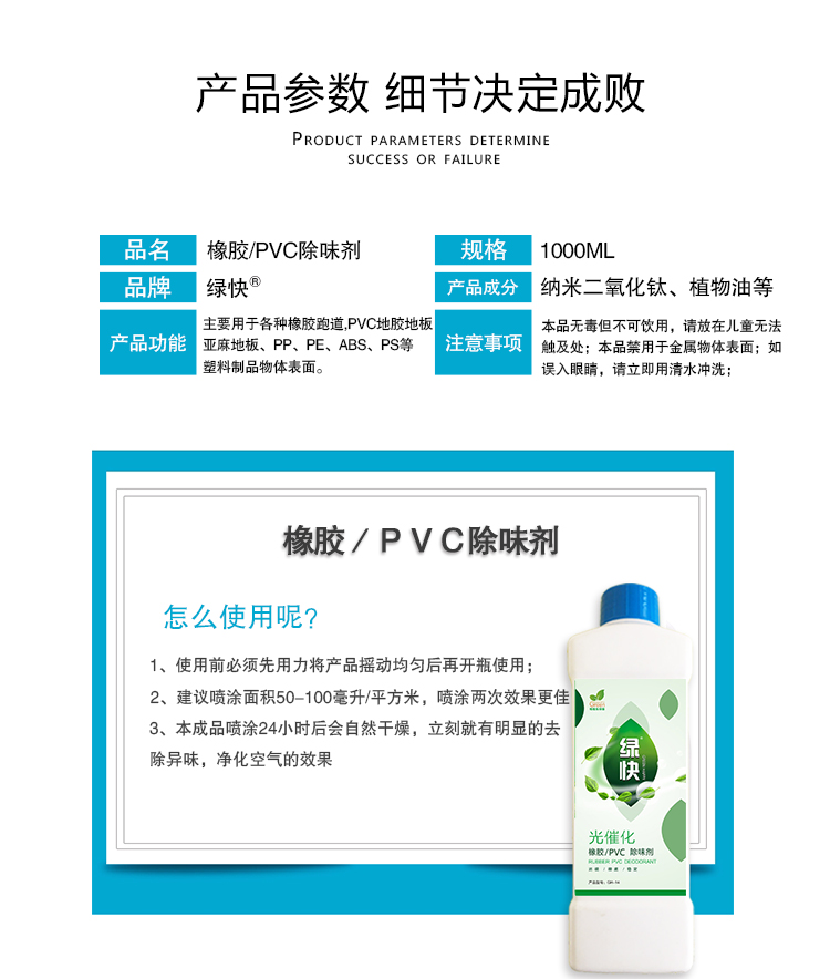產(chǎn)品參數(shù)細(xì)節(jié)決定成敗,橡膠PVC除味劑,1000ML,綠快,納米二氧化鈦,植物油等,主要用于各種橡膠跑道,PVC地膠地板,亞麻地板,PP,PE,ABS,PS等塑料制品物體表面,本品無(wú)毒但不可飲用,請(qǐng)放在兒童無(wú)法觸及處,本品禁用于金屬物體表面,如誤入眼睛,請(qǐng)立即用清水沖洗,橡膠PVC除味劑怎么使用呢？1使用前必須先用力將產(chǎn)品搖動(dòng)均勻再開(kāi)瓶使用,2建議噴涂面積50-100毫升/平方米,噴涂?jī)纱涡Ч?3本成品噴涂24小時(shí)后會(huì)自然干燥,立刻就有明顯的祛除異味,凈化空氣的效果