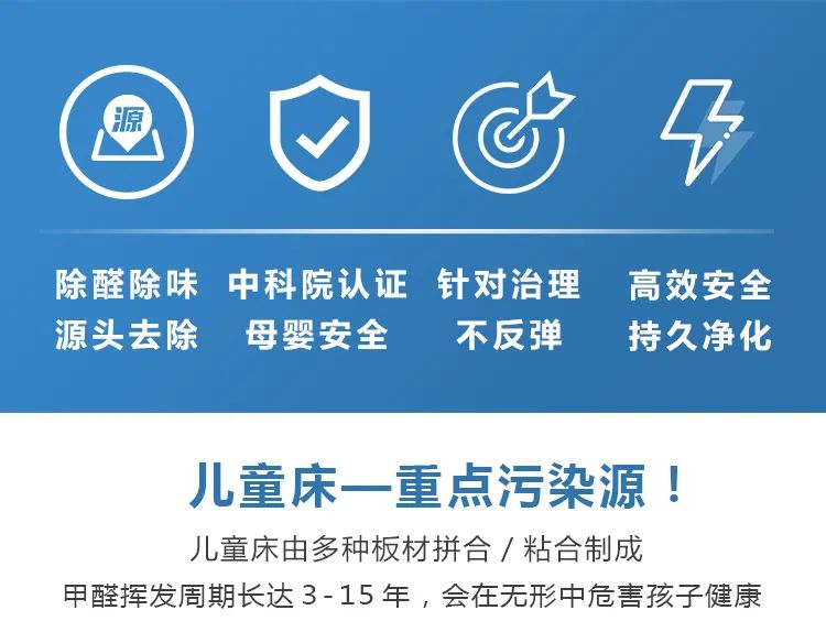 除醛除味,源頭去除,中科院認證,母嬰安全,針對治理不反彈,高效安全,持久凈化,兒童床一重點污染源,兒童床由多種板材拼合/粘合制成甲醛揮發(fā)周期長達3-15年，會在無形中危害孩子健康
