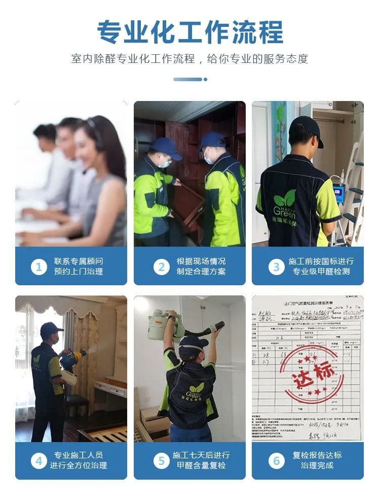 專業(yè)化工作流程,室內(nèi)除醛專業(yè)化工作流程,給你專業(yè)的服務(wù)態(tài)度,聯(lián)系專屬顧問預(yù)約上門治理,根據(jù)現(xiàn)場情況制定合理方案, 施工前按國標(biāo)進行專業(yè)級甲醛檢測,專業(yè)施工人員進行全方位治理,施工七天后進行甲醛含量復(fù)檢,復(fù)檢報告達標(biāo)治理完成